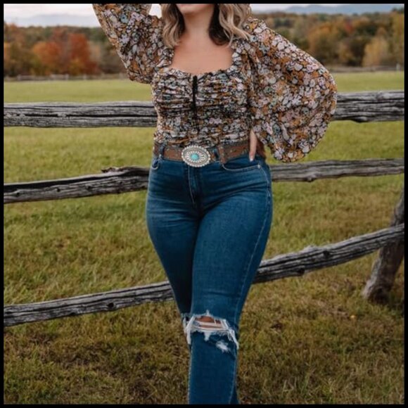 Vintage Western Leather Belt Turquoise Concho Buckle Adjustable Boho Cowgirl - Picture 2 of 6